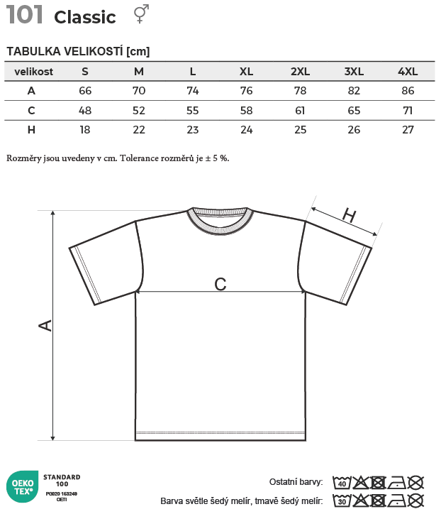 101 Classic tričko unisex Tabulka velikostí